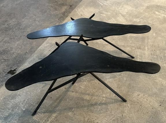 Pair of Rebar coffee tables by Glen Mayo. Made of steel with dark patina. Can be broken down into (1 of 3)