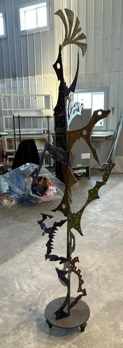 "Spring Tree" abstract metal sculpture by Glen Mayo. Made from plasma-cut steel with automotive (1 of 3)