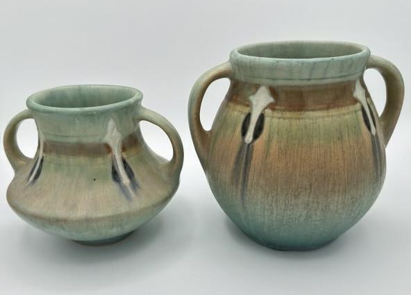 (2) Roseville pottery Monticello pattern double handled vases, in very nice condition, one measures (1 of 3)