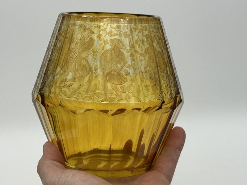 Moser, Amber Glass Vase with Etched Design, c. 1920, Josef Hoffman, Bohemia, fine condition, (1 of 4)