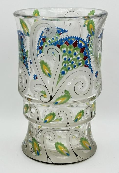 Wonderful Continental decorated glass vase, with etching, beautifully done, Maker unknown, fine (1 of 2)