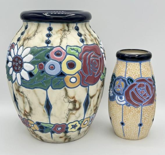 (2) Amphora Ware Ceramic Vases, 1920's, marked on bases as pictured. Czechoslovakia, both in fine (1 of 4)