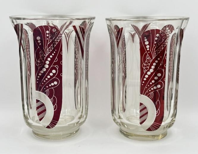 Pair Glass Vases with Wonderful Red Pattern, 1930's, Karl Palda, Bohemia, Czechoslovakia, both in (1 of 3)