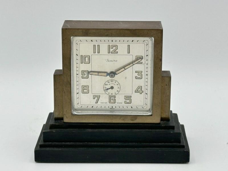 Deco Rima Clock, 1930's, Swiss Watch Company, "Sonora", brass body on black wood base. Sweet little (1 of 4)