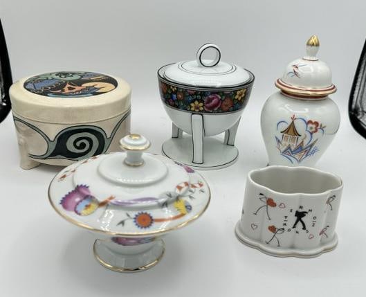 (5) pc. lot to include a Deco decorative covered box on 3 feet, signed on base (EMH ) and measures (1 of 3)