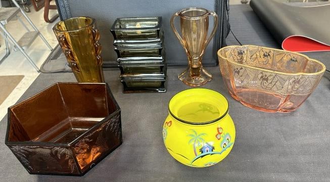 (6) pc. Glass lot to include Fostoria Glass Vase, King Tut, 1930, U.S.A. measuring 8.5" high in very (1 of 10)