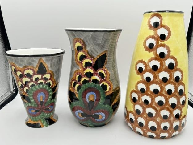 (3) Eva Zeisel Schramberg Deco era SMF ( Germany ) decorative ceramic vases, in very nice condition, (1 of 4)