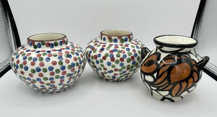 (3) Eva Zeisel Schramberg Deco era ceramic vases including a pair, marked on bases, in very nice (1 of 4)