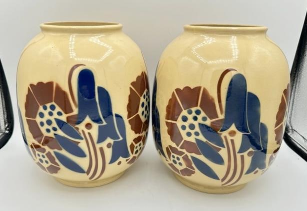 Pair Deco Faiencerie De Badonviller ceramic vases, wonderful design all the way around, measures 8" (1 of 4)