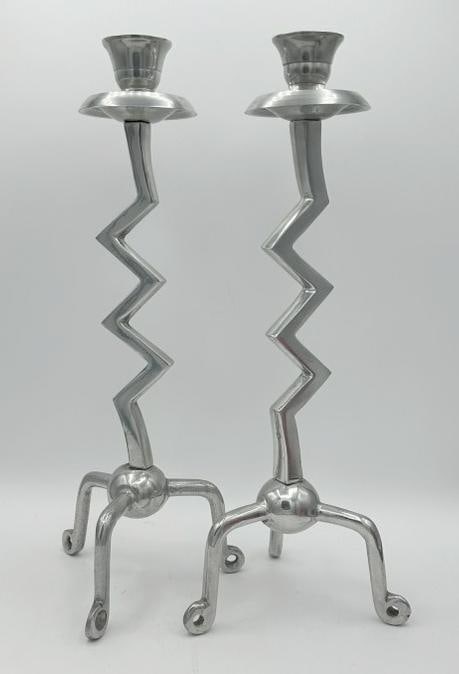 Pair Modernist aluminum zig zag candlesticks, unmarked, measure 13.25" high, in very nice condition. (1 of 1)
