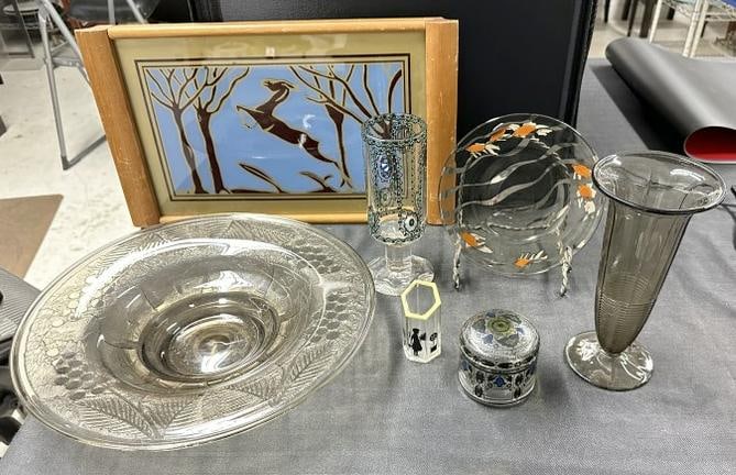 (7) pc. Glass lot to include - Tray, Wood and Glass eglomise panel, 1930-40, U.S.A.(?), large center (1 of 8)