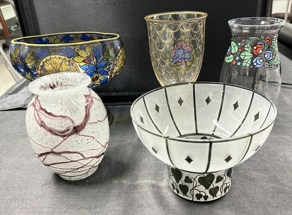 (6) pc. Decorative Deco era Glass lot to include decorative bowls and vases, in overall nice (1 of 5)