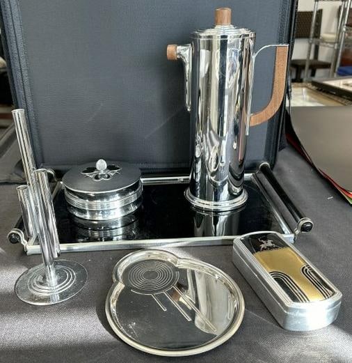 8 pc. Deco era metal lot -Manning-Bowman, Chrome Cocktail Shaker, 1935, Jay Akerman, U.S.A., Tray, (1 of 8)