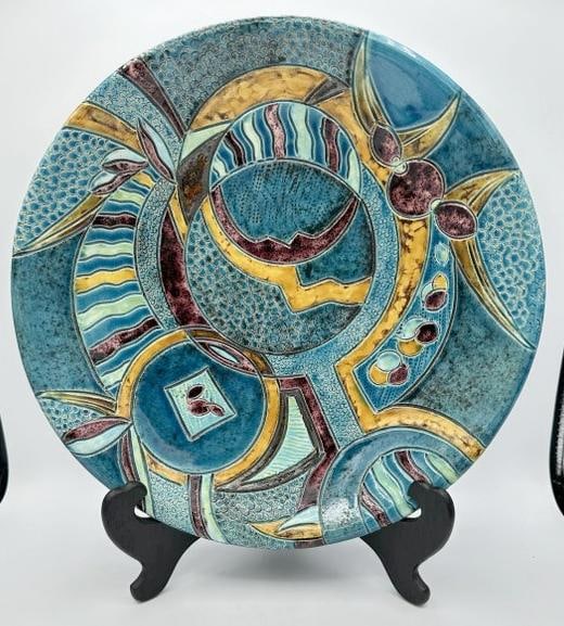 Large Ceramic Plate, 1930s, M. Perret Cordes, France, in very nice condition, vibrant color & (1 of 4)