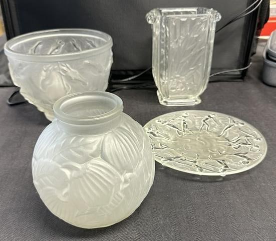 (4) pc. Lot of Deco era clear decorative glassware to include 7.75" high pressed glass vase with (1 of 6)
