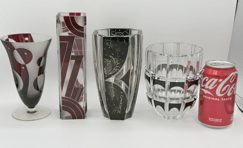 Art Deco (4) pc. Glass vase lot, clear and red glass, all in nice overall condition, tallest (1 of 3)