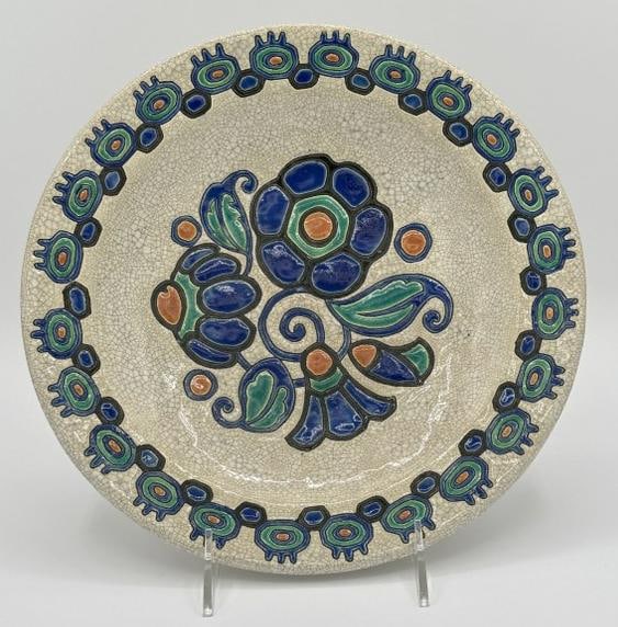 Charles Catteau (1880-1966 ) Art Deco era decorative bowl, with crackle glaze, in very nice: Charles Catteau (1880-1966 ) Art Deco era decorative bowl, with crackle glaze, in very nice condition. Measures 10 .5" across. Signed on bottom as pictured, numbered with BOCH stamp.