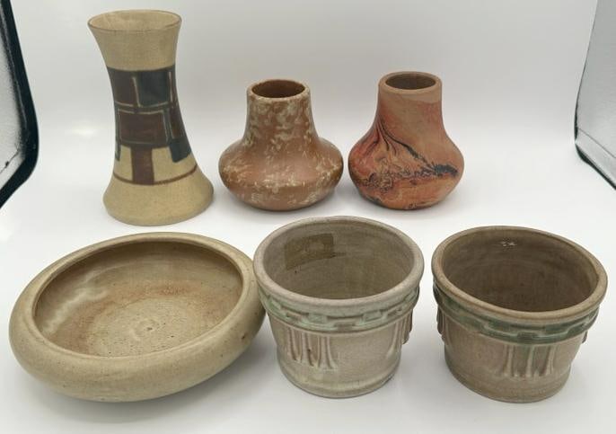 (6) pcs. Art pottery in overall nice condition, tallest piece measures 6.75" high to show scale. (1 of 2)
