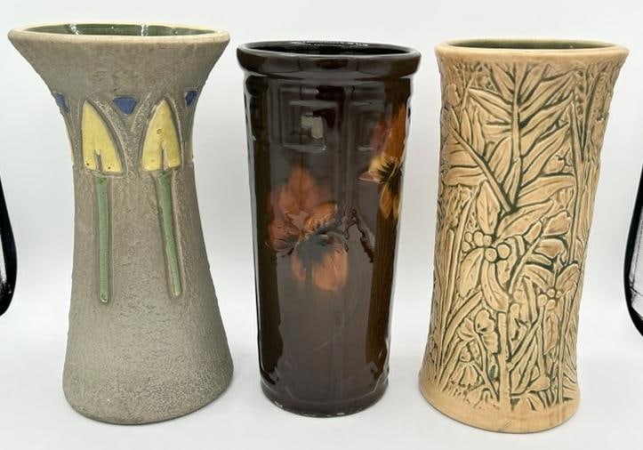(3) pc. Art Pottery lot to include McCoy vase, Roseville Mostique vase, & Weller Marvo vase, all in (1 of 2)