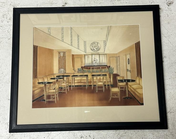 Art Deco watercolor illustration Courland Hotel, Kokomo, Indiana, Lounge, 1930, Martin Fellhouser (1 of 3)