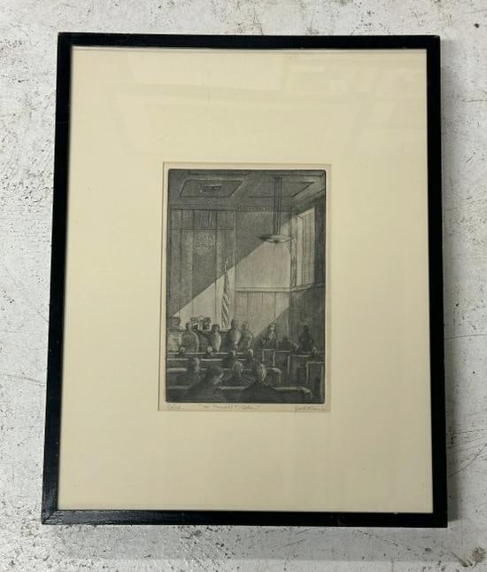 EARL KLEIN ( 1915-1993) signed print of courtroom, titled ( To Maxwell T. Cohen ), dated 1/3/25. In (1 of 3)