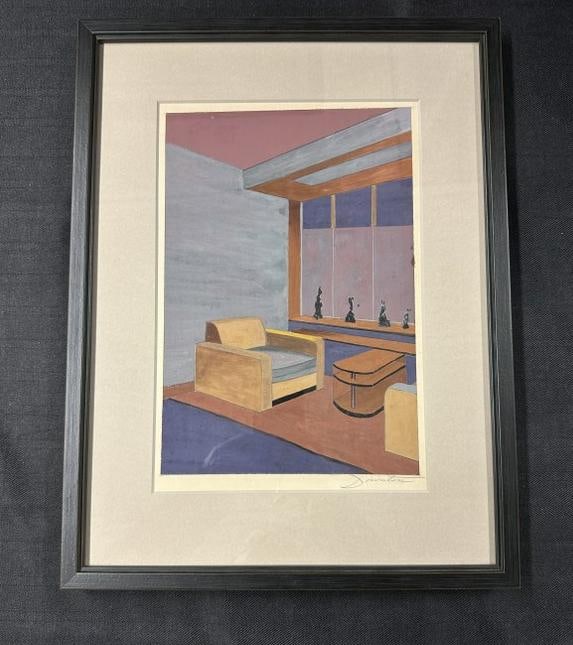 Art Deco watercolor interior room view, c. 1930, signed Downton, France. Watercolor measures 11" x (1 of 3)