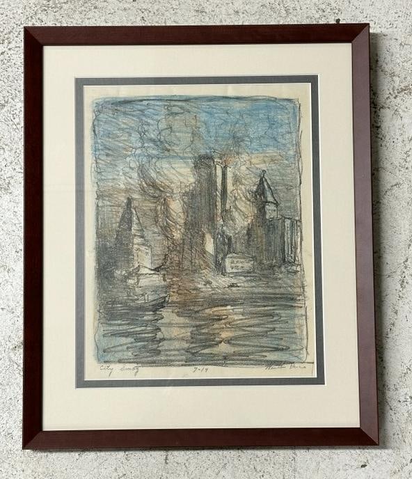 Cincinnati in Smog, Lithograph, 1930s, Winston Price, U.S.A.  Nicely matted and framed. Print (1 of 3)