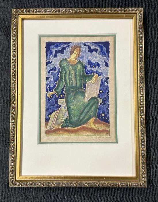 Josef Lacina ( 1899-1975 ) watercolor, woman holding tablets, signed in pencil lower right, dated (1 of 3)