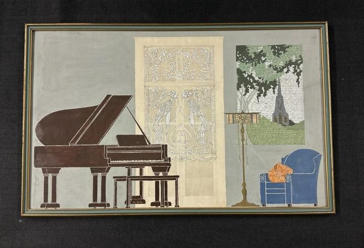 Art Deco small watercolor & gouache, room with piano, 1920s, U.S.A., unsigned, measures 9" x 14",: Art Deco small watercolor & gouache, room with piano, 1920s, U.S.A., unsigned, measures 9" x 14", the frame measures 9.5" x 15". Nice condition.
