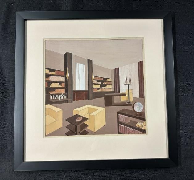 Art Deco watercolor, Room View, 1930s, French, signed ( illegibly Olga Sei??? ), in fine condition, (1 of 4)