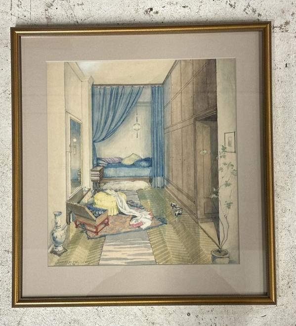 Josef Georg Demetz (1899 - 1945) watercolor, Bedroom, dated 1925, Austria, fine condition, (1 of 3)