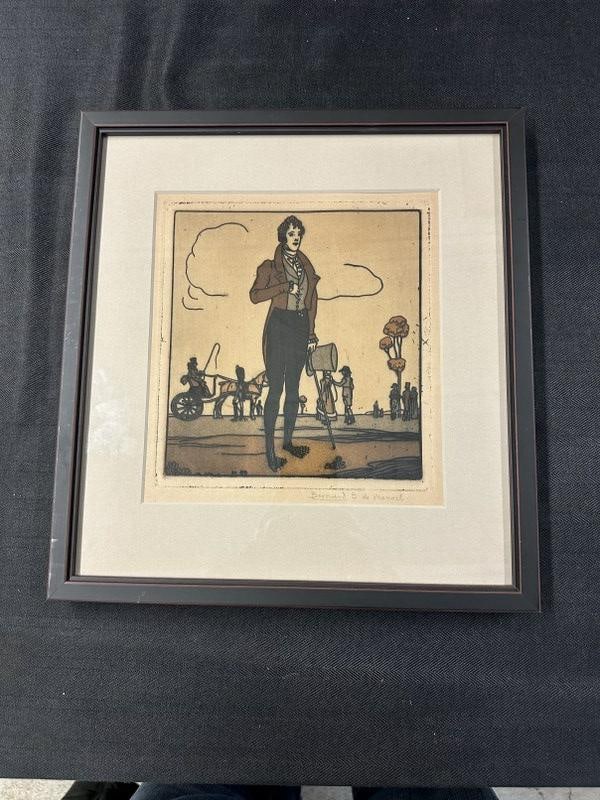 Bernard Boutet De Monvel (1881 - 1949) signed woodcut, gentleman holding hat with peile in: Bernard Boutet De Monvel (1881 - 1949) signed woodcut, gentleman holding hat with peile in background, feel of Arts & Crafts Movement, woodcut measures 8.5" x 8", the frame measures 13" x 12", excelle