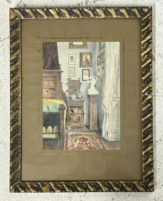 Art Deco era watercolor of room interior, signed illegibly lower left corner as pictured ( Last name (1 of 3)