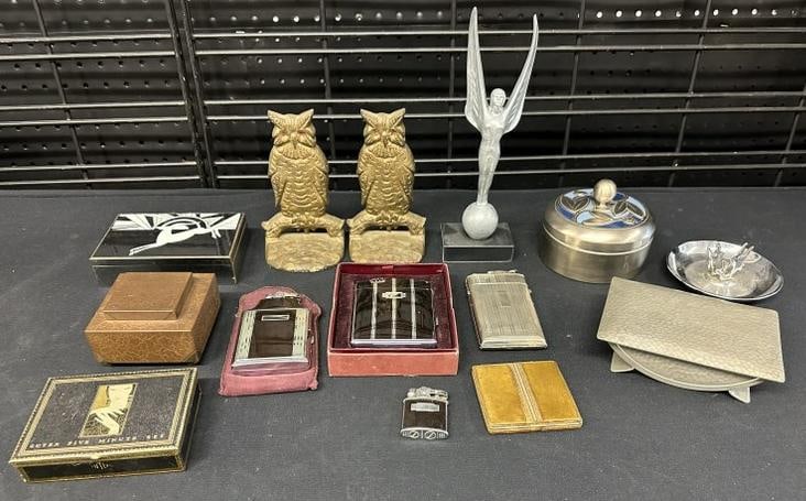 Deco era metalwares lot to incl. Owl bookends, lighters, Deco boxes, inkwell, nice lot for dealer to (1 of 9)