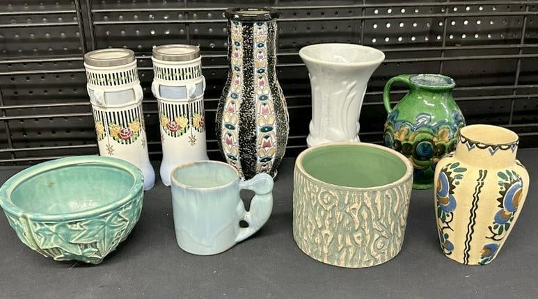 (9) pc. Ceramics and pottery lot to include Amohora, pair of vases, etc. Tallest measures 11" high (1 of 4)