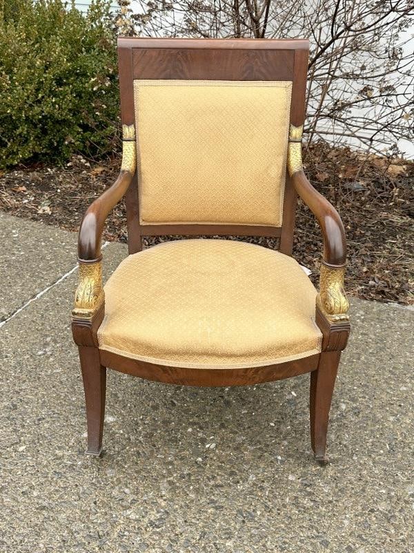 Nice formal mahogany armchair w/gilt dolphin heads, structurally sound, some staining on old fabric,: Nice formal mahogany armchair w/gilt dolphin heads, structurally sound, some staining on old fabric, measures 36" high, 23" across