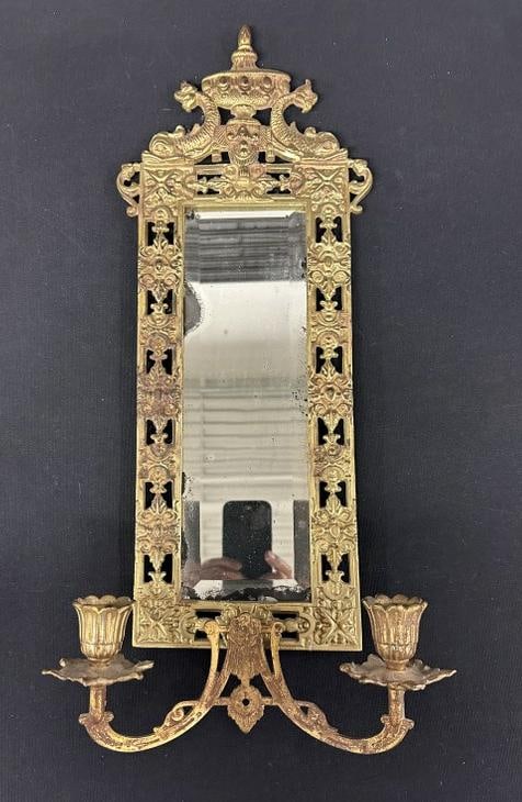 Iron with gold wash decorative mirror w/candleholders with dolphins on top, measures 21" high X 6 (1 of 3)