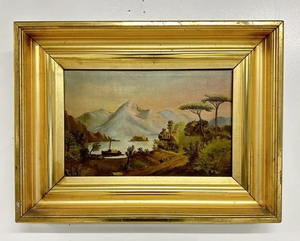 19th c o/c landscape with river and mountains in background, unsigned, nice condition, sweet lemon (1 of 3)