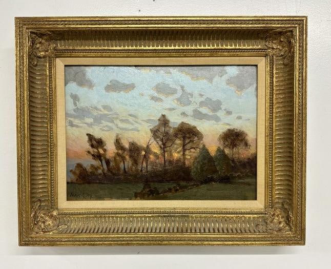 Lewis G. Fry ( 1860-1933 ) o/b wood panel impressionist landscape titled ( SUNSET THROUGH THE TREES (1 of 4)