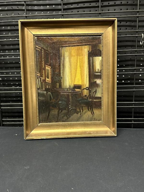 Circa 1915 o/c interior of room with furniture, paintings on the wall and pier mirror on the right. (1 of 3)