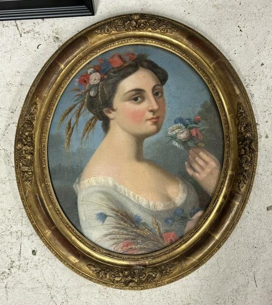19th c o/c portrait of young woman with flowers in her hair, holding flowers, laid on board in (1 of 3)