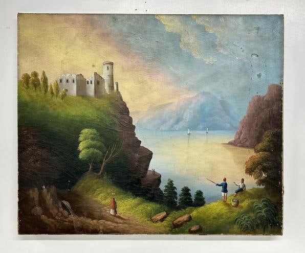 19th c o/c landscape with castles on top of mountain, guys fishing, and sailboats on the water, (1 of 3)