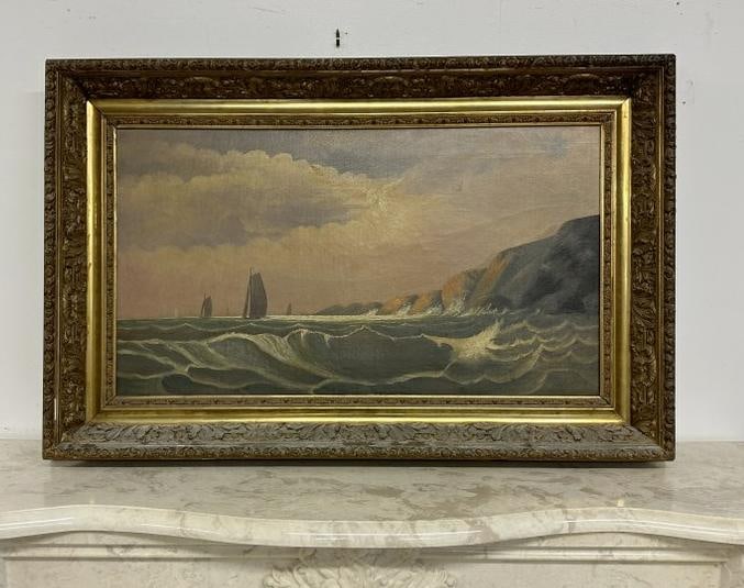 19th c o/c seascape with waves crashing and sailboats in background, unsigned, in original period (1 of 3)