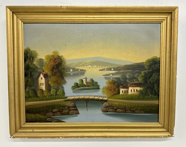 19th c o/c landscape with house by the water, boats on water in background, unsigned, nice estate (1 of 3)