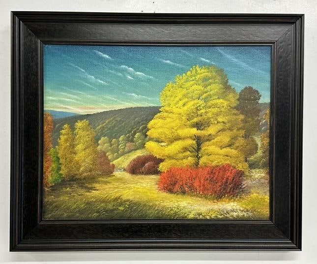 Valerie Swanson o/c Fall landscape with vibrant color of trees & sky, signed lower right, in nice (1 of 4)