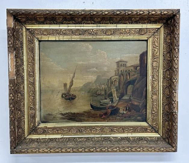 19th c o/b seascape with sailboats in water and land, with people working on boat. Unsigned, most (1 of 5)
