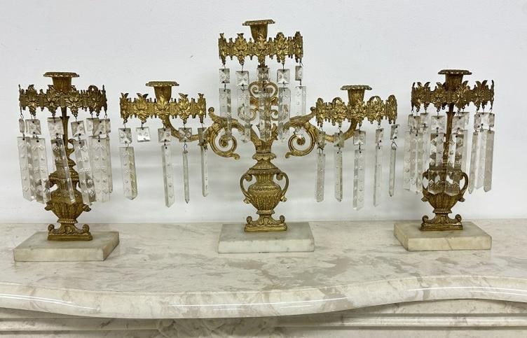 3 pc. Girondola set on marble bases with decorative urn shaped bodies, missing some prisms, most are (1 of 6)