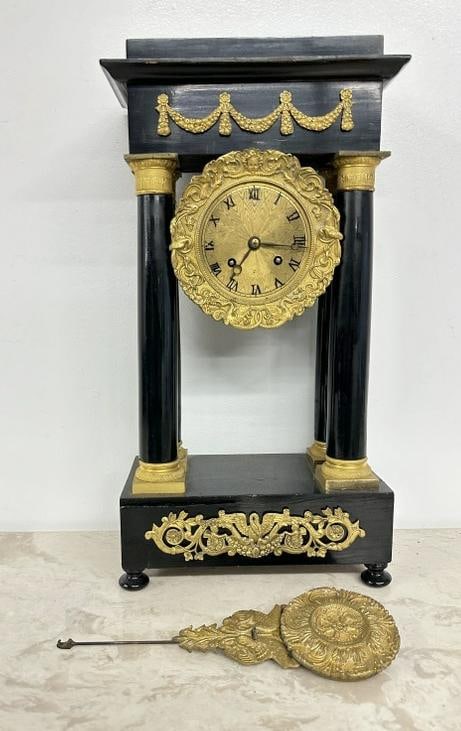 Decorative mantle clock, most likely French, with fancy brass trim and pendulum, no key, measures (1 of 7)