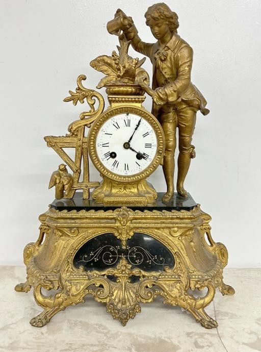 18" high figural mantle clock with claw feet, missing crystal, no key, no back cover, pendulum (1 of 4)
