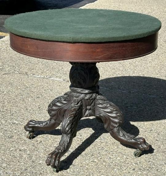 Period mahogany claw foot table with replaced top with green felt, nice dark finish, measures 29" (1 of 4)